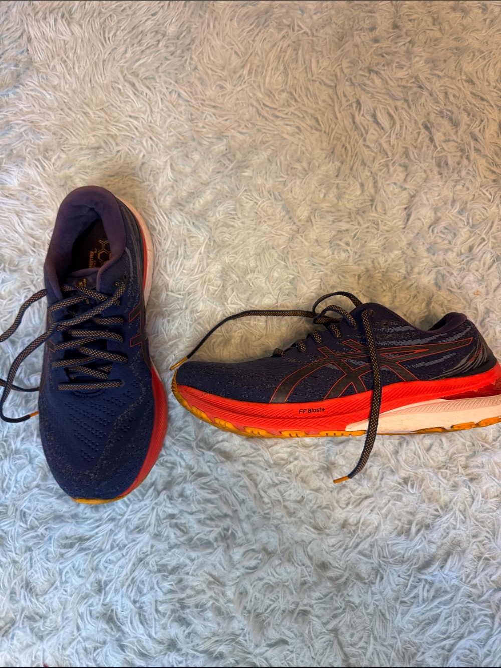 ASICS gelkayano 29 Navy Athletic Running Shoes with Red and Orange Accents Mens